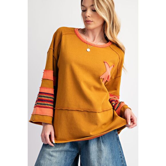 1001 EASEL Large Size Camel Star Patch Terry Knit Washed Pullover Top - Picture 2 of 5